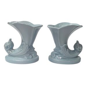 Vintage 40s Crownford UK Pale Blue Horn Cornucopia Ceramic Vase Set of 2 Pair